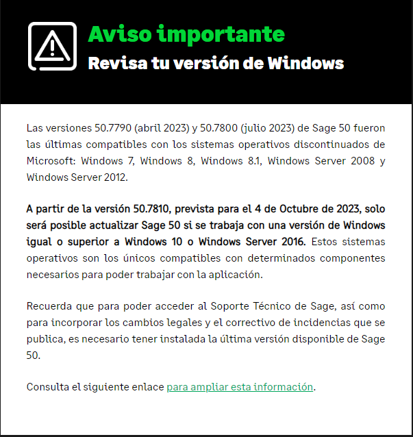 Aviso importante Sage 50